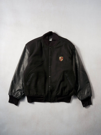 Vintage 90s Black Wool and Leather Porsche Varsity Jacket (XL)