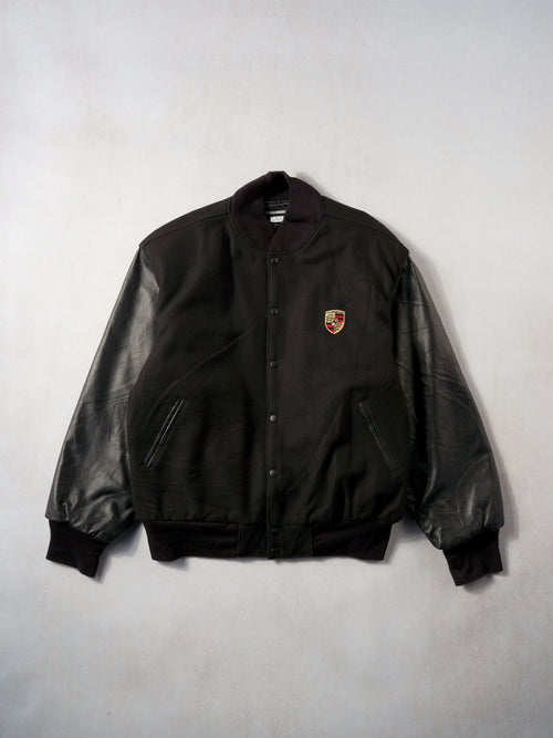Vintage 90s Black Wool and Leather Porsche Varsity Jacket (XL)